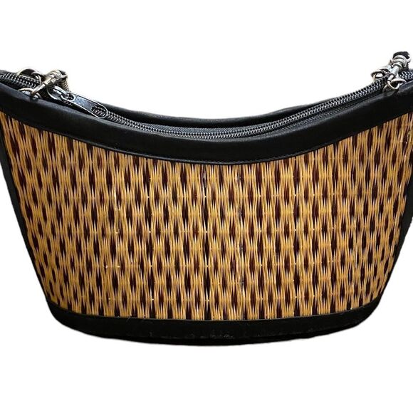 Baskets of Cambodia Rattan Woven Tan with Black Braided Strap Bag Purse - Picture 2 of 5